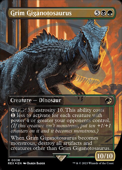 Grim Giganotosaurus (Borderless) (Emblem) 36 card from Universes Beyond: Jurassic World Collection