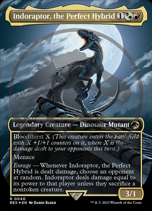 Indoraptor, the Perfect Hybrid (Borderless) (Emblem) 40 card from Universes Beyond: Jurassic World Collection