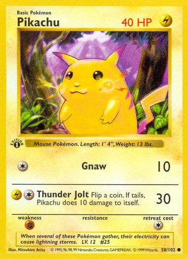 Pikachu (Red Cheeks) 058/102 card from Base Set (Shadowless)