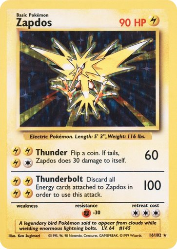 Zapdos 016/102 card from Base Set (Shadowless)
