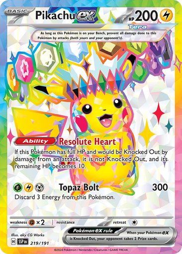 Pikachu ex 219/191 card from SV08: Surging Sparks