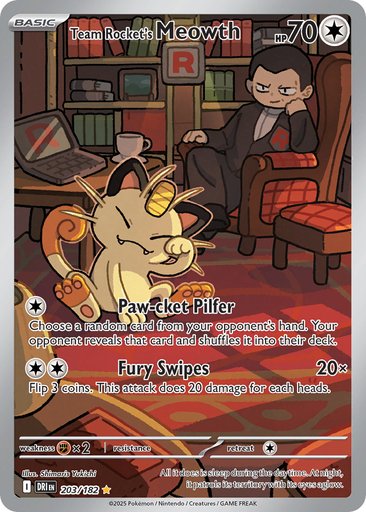 Team Rocket's Meowth 203/182 card from SV10: Destined Rivals