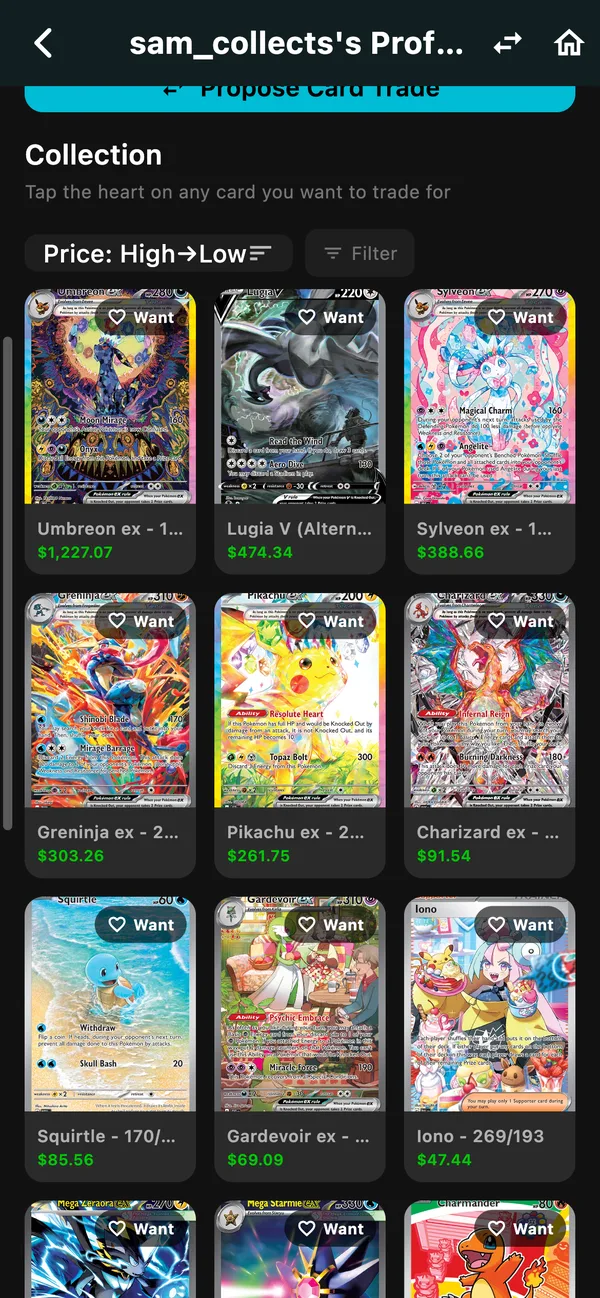 A friend's collection in Bull Run: Umbreon ex, Lugia V, Sylveon ex and more, each with its value and a Want heart