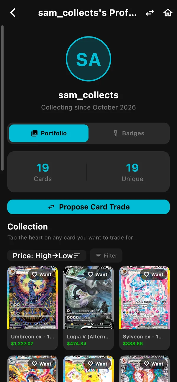 A friend's profile in Bull Run with their card count and a Propose Card Trade button