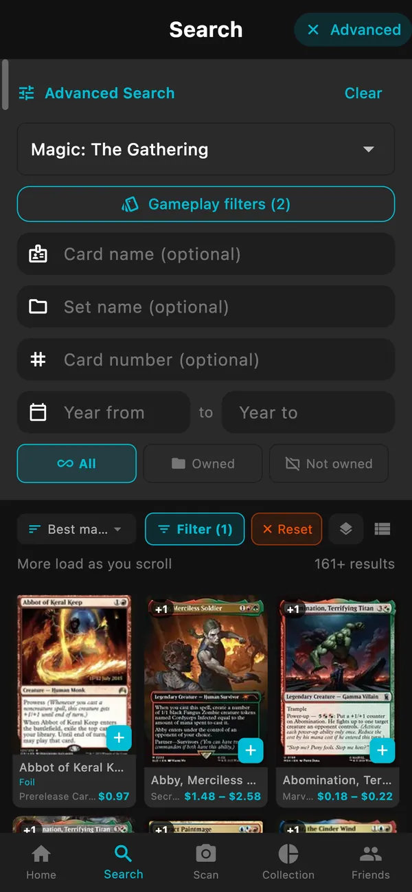 Advanced search for Magic with two gameplay filters on, listing matching red cards with prices