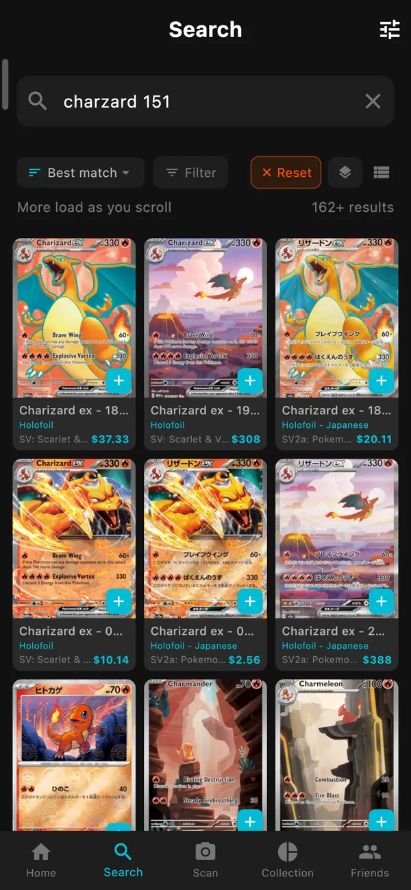 Search for "charzard 151" in Bull Run showing Charizard ex cards from 151 with their prices