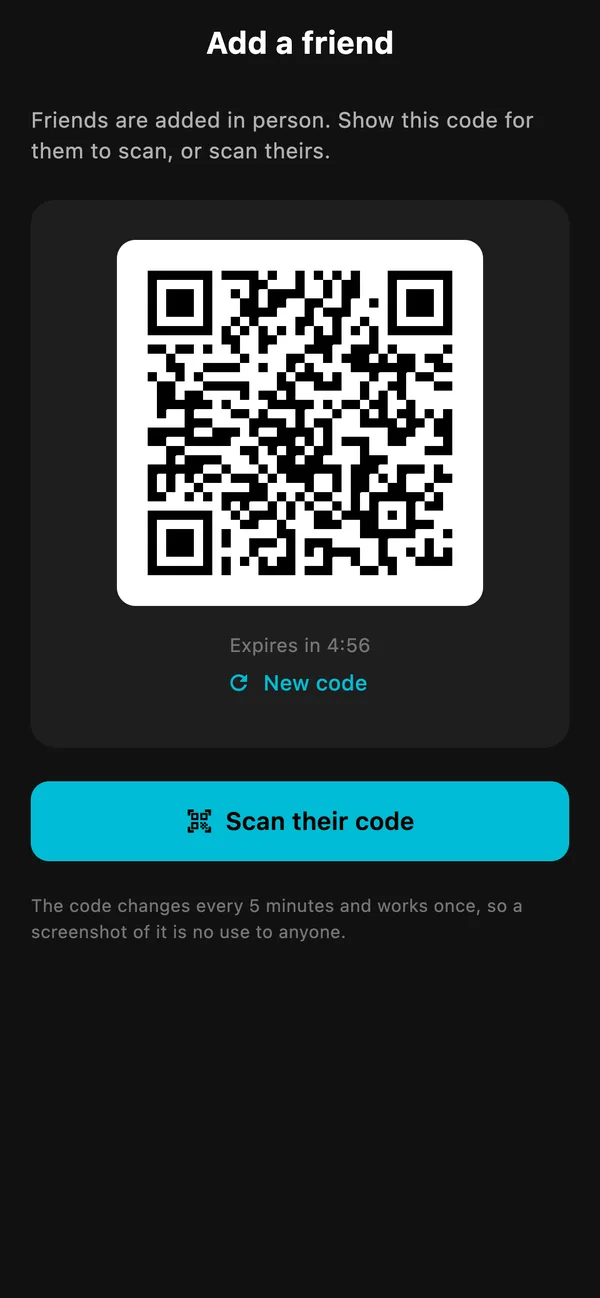 Add a friend screen showing a QR code to scan